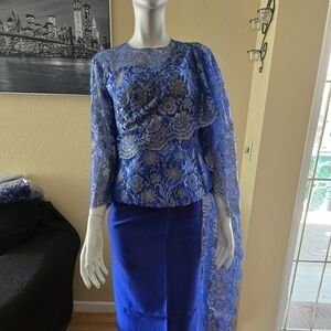 Handmade Cambodian Dress Royal Blue with Lace Overlay and Matching Skirt